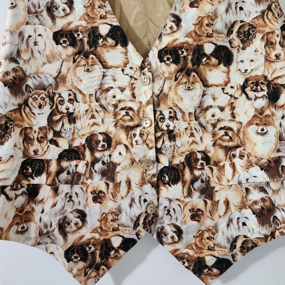 Vintage 1990s Saddle River Puppy Dog cream Novelty Tie Back Button Front vest M - Picture 2 of 4